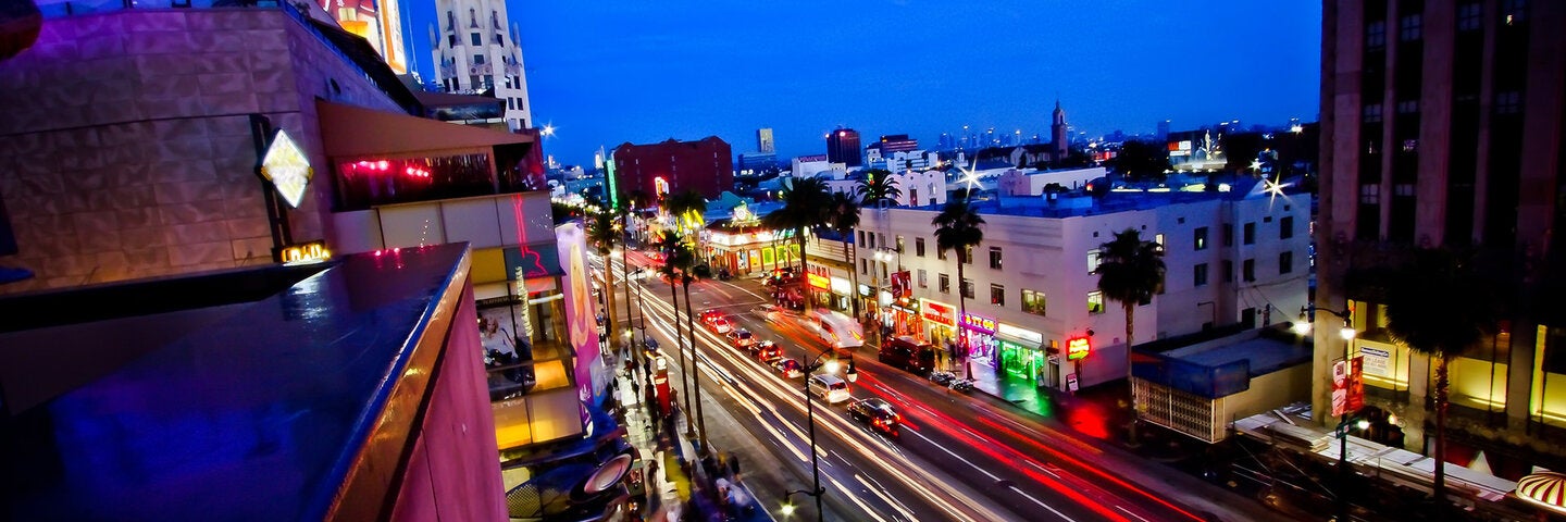 overlooking hollywood blvd at night