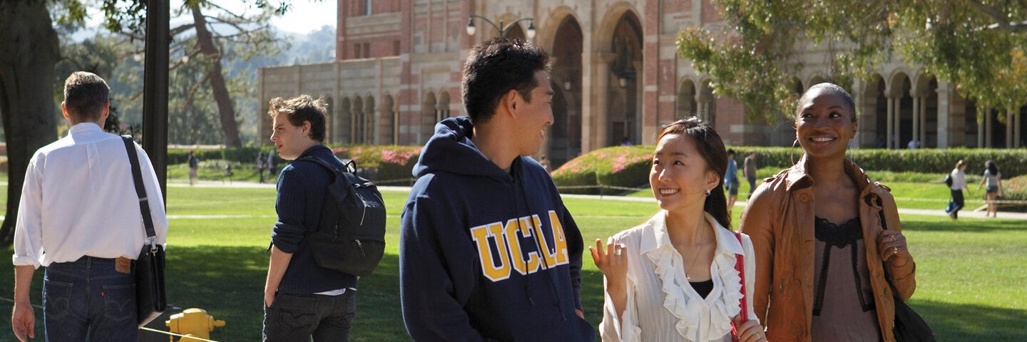 Students talking on the UCLA campus.
