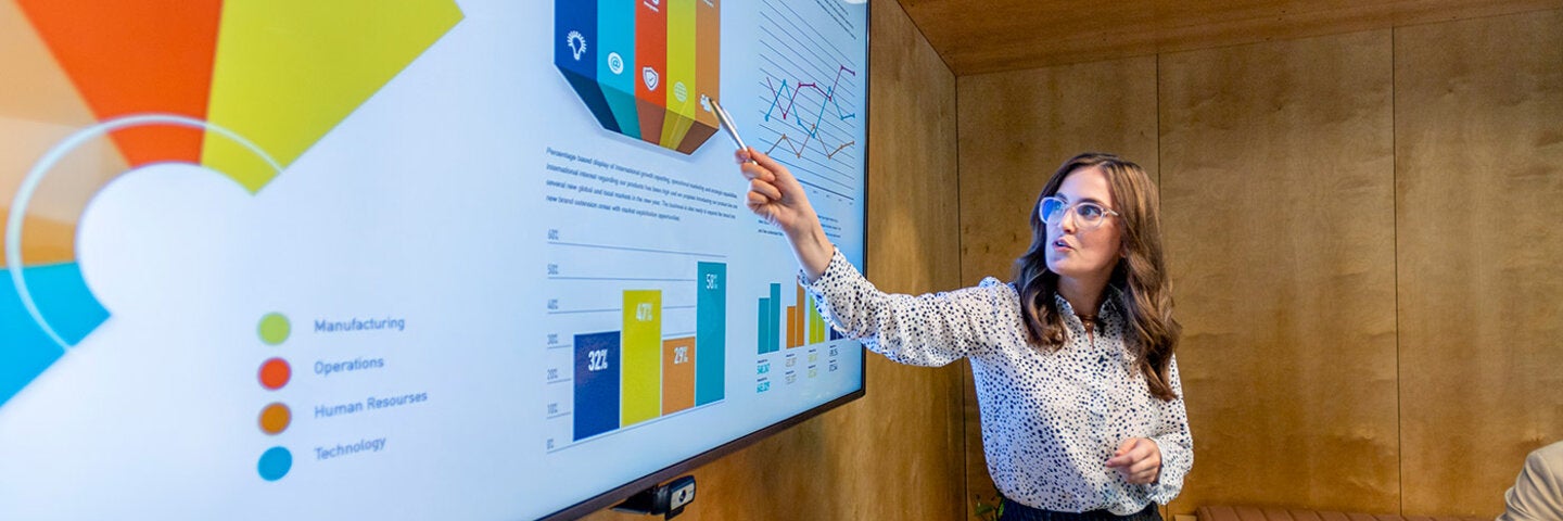 Woman giving a business analysis presentation